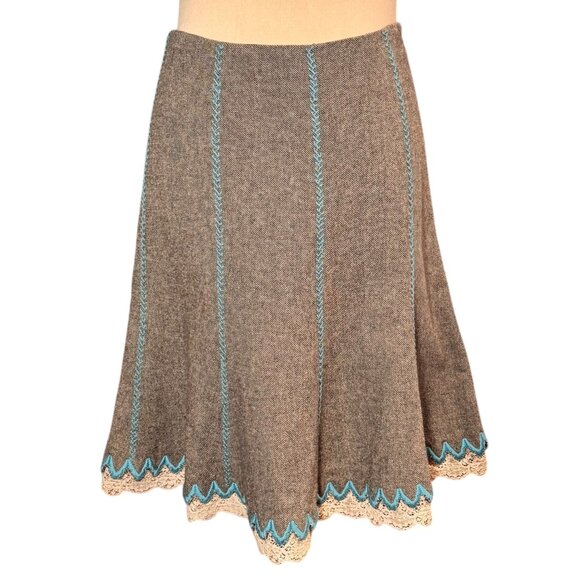 Tibi Embroidered Tweed Mid Skirt Sz S Tan Wool Blend A-Line Retro Cottage Twee - Picture 3 of 10